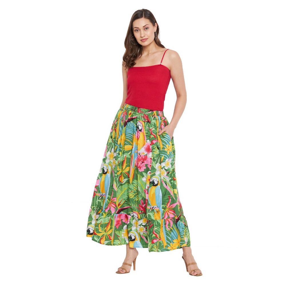 Gypsie Blu Floral Print Green Micro Poly Skirt for women
